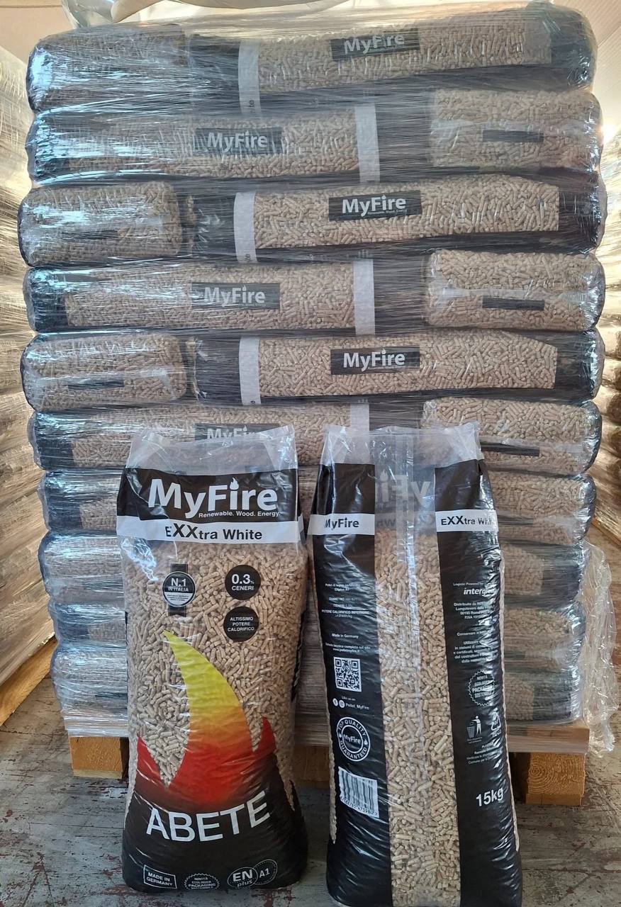 Sacchi pellet MyFire EXXtra White Abete 15 Kg fronte e retro